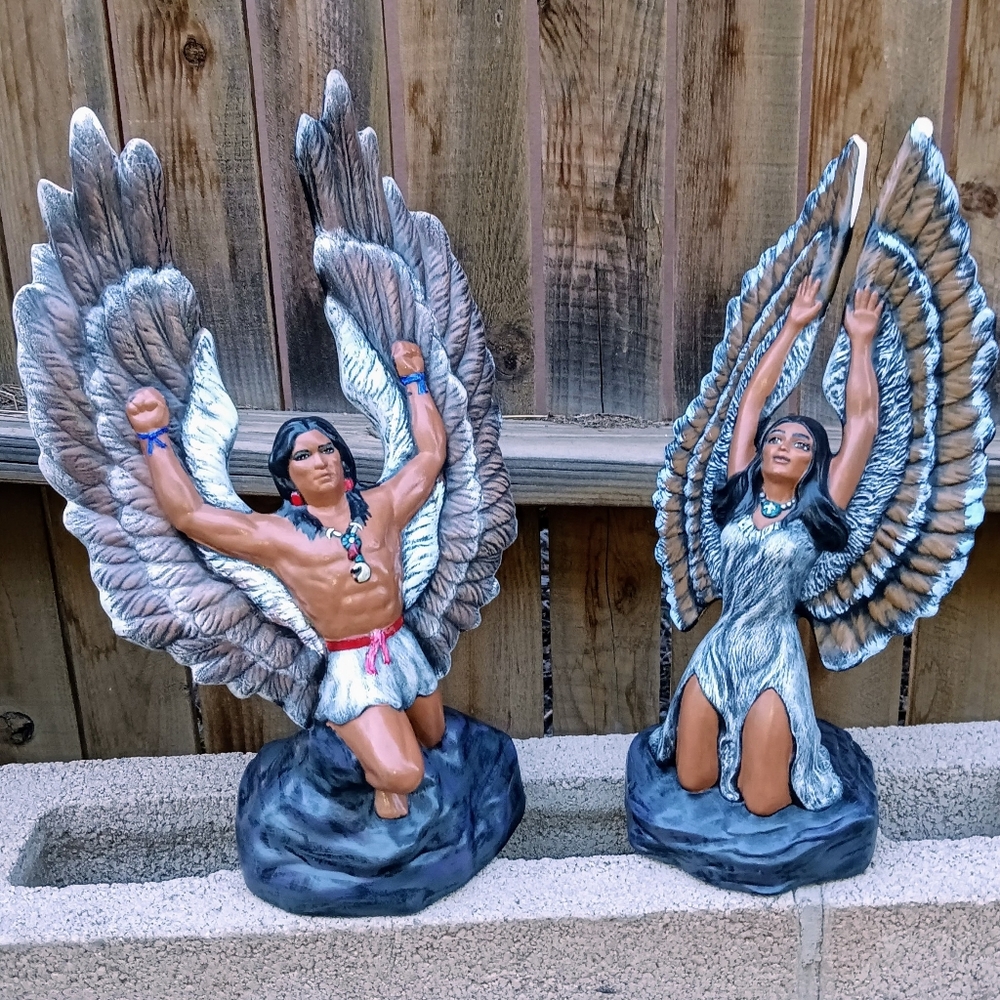 Native American Ceramic Indian Man & Woman w/Eagle Wings (Set) 13" Tall